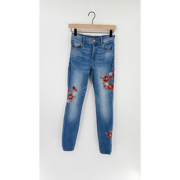 Express Denim - Express High Rise Floral Embroidered Jegging Jeans Medium Wash Stretch Size 0R
